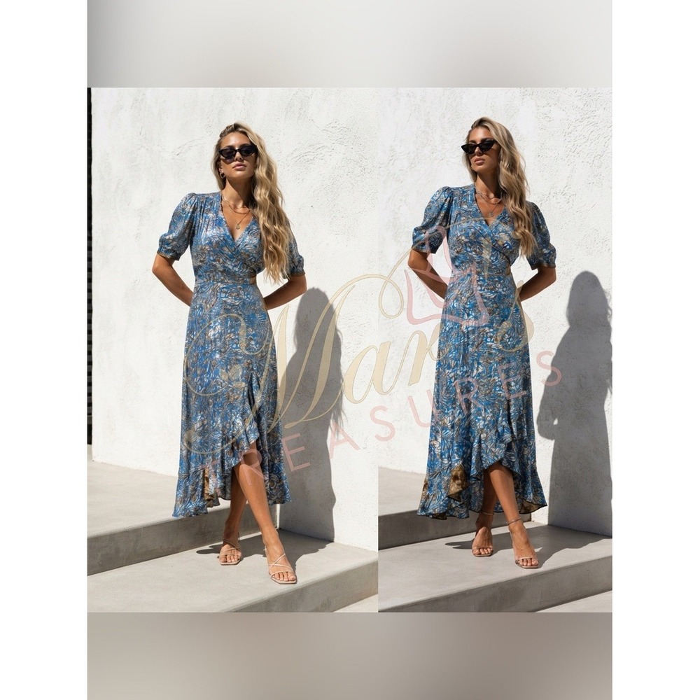 Karma Highway Floral Blue 100% Viscose Wrap Maxi Dress Sz OS